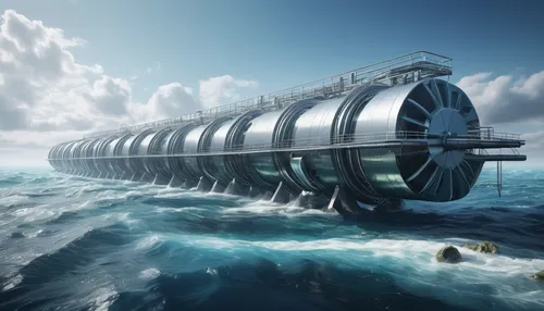 Underwater tidal turbine electricity production farm, super high resolution realistic architectural rendering, modern underwater turbine systems, high-tech, super rich details, 16k,costa concordia,ver