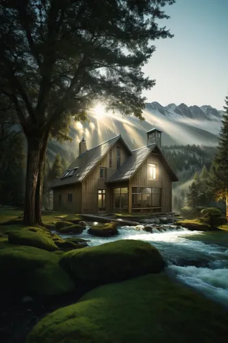 rock stones, moss cover,the cabin in the mountains,house in mountains,house in the mountains,log home,house in the forest,home landscape,log cabin,water mill,summer cottage,world digital painting,chal