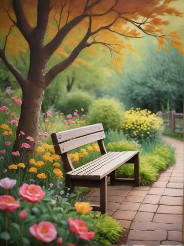 garden bench,park bench,outdoor bench,wooden bench,bench,flower painting,yellow rose on red bench,springtime background,benches,landscape background,red bench,spring background,flower background,wood bench,yellow garden,flower garden,stone bench,outdoor table,watercolor background,man on a bench,Illustration,Realistic Fantasy,Realistic Fantasy 11