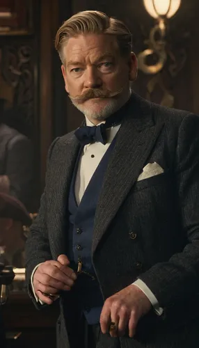 Kenneth Branagh sported a superb moustache in Murder on the Orient Express (Twentieth Century Fox),gentlemanly,the victorian era,banker,dutchman's pipe,aristocrat,tilda,great gatsby,packard patrician,