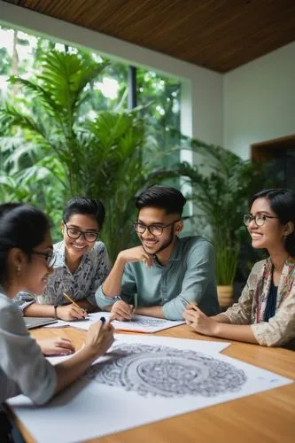 Malaysian architectural design course, modern university campus, tropical rainforest surroundings, sleek glass buildings, intricate Islamic patterns, curved lines, bright natural light, students gathe