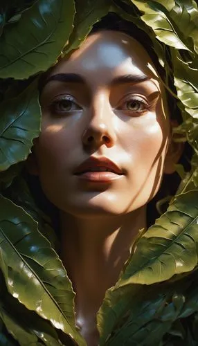 girl in a wreath,dryad,natura,leafed through,flora,digital painting,mystical portrait of a girl,girl in the garden,portrait background,world digital painting,fantasy portrait,natural cosmetic,photosynthesis,leafy,kahila garland-lily,artemisia,artichoke,ayurveda,polygonal,woman face,Unique,3D,Modern Sculpture