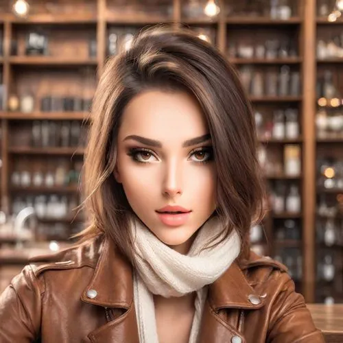 model headshot，Women's Fashion，
American Minimalism,a woman wearing a leather jacket and white scarf posing for a po,anastasiadis,zhuravleva,tijana,kuzmina,dijana,zakharov,Photography,Realistic