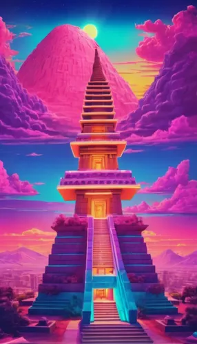 an art work with a pyramid in the middle of a landscape,pyramids,pyramid,step pyramid,temples,ziggurat,mypyramid