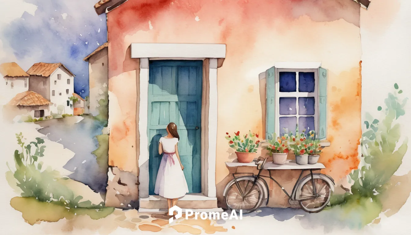 Write a heartwarming story about Jacqueline Bracamontes finding true love in a small village.,watercolor shops,watercolor tea shop,watercolor cafe,watercolor,watercolor paris balcony,watercolor painti