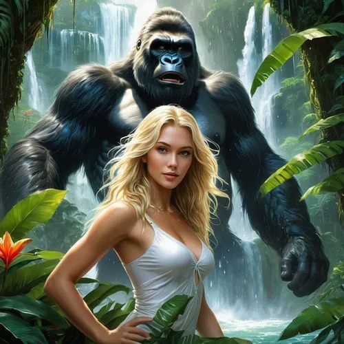 huge king kong, tropical island, waterfall in the jungle, swimming in a waterfall, young beautiful girl, beautiful expressive eyes, beautiful long blonde hair, happy, white top, white short skirt, jun