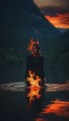 Her reflection is Paranormal fire devil on water ,fire and water,lake of fire,fire dancer,burning hair,afire,fire angel,flame of fire,fire dance,fire siren,fire artist,open flames,burning,fire in the 