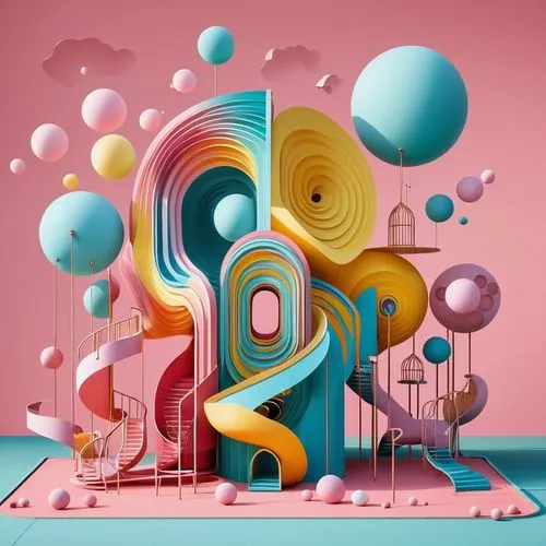 realistic surrealist playground with innovative and unique design elements inspired by emotional architecture and mental health concepts,cinema 4d,airbnb logo,3d fantasy,abstract design,dribbble,palet