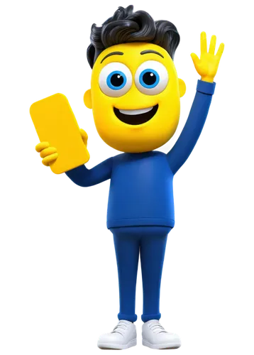 Friendly buddy logo, cartoon style, simple shape, rounded edges, bright colors, yellow background, blue buddy figure, smiling face, big eyes, waving hand, 3D appearance, glossy texture, soft lighting,