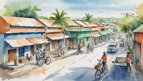 watercolor illustration: reimagine Carretera Higüey - Miches, Punta Cana Highway as a street with multiple functions as vehicular access, bike path pedestrian, and green corridor beside the street. Im