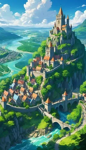 knight village,meteora,medieval town,medieval castle,alfheim,townsmen,fantasy landscape,knight's castle,sylvania,mountain settlement,medieval,butka,seregil,ghibli,mountain village,highstein,castle,beleriand,fantasy city,nargothrond,Illustration,Japanese style,Japanese Style 03