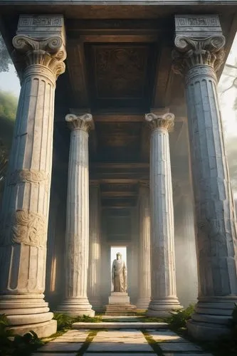 Ancient Greek-inspired temple, grandiose structure, white marble columns, intricate carvings depicting moral virtues, stone statues of philosophers, solemn atmosphere, warm golden lighting, dramatic s