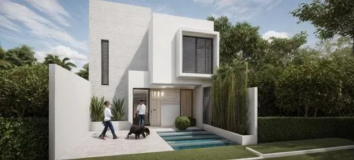 CASA ESTILO MINIMALISTA UBICADA EN UN FRACCIONAMIENTO CON VEGETACIÓN EXUBERANTE, PERSONAS,ARBOLES, PALMERAS, CORRECCION DE ERRORES,two people are walking their dog in front of a house,3d rendering,res