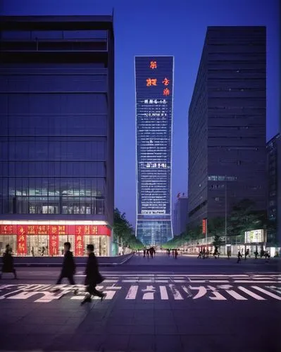 Beijing Institute of Architectural Design, China, modern skyscraper, glass exterior, steel frame, sleek lines, urban landscape, cityscape, busy streets, evening lighting, neon lights, Chinese characte