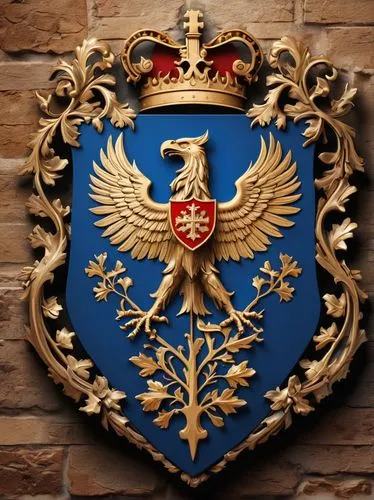 "Personal coat of arms, unique crest, shield with intricate designs, golden border, family motto in Latin, bold font, blue and red colors, lion and eagle supporters, oak tree symbol, sword and shield 