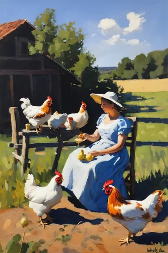 chicken yard,carol colman,flock of chickens,laying hens,carol m highsmith,duck females,chickens,backyard chickens,oil painting,red hen,girl with bread-and-butter,poultry,domestic chicken,flock home,chicken farm,portrait of a hen,oil painting on canvas,laying hen,ducks,oil on canvas,Art,Classical Oil Painting,Classical Oil Painting 26