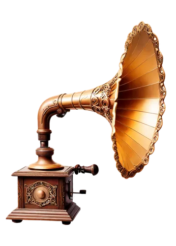 Golden gramophone, ornate details, metallic texture, vintage style, old-fashioned microphone, brown wood, intricate carvings, soft glowing lights, dimly lit background, 3/4 composition, shallow depth 