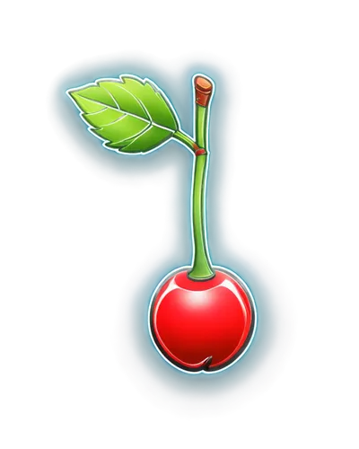 Cherry bomb logo, cartoon style, red cherry with green leaves, explosive fuse, metallic silver bomb body, shiny reflective surface, detailed textures, bold black outline, centered composition, bright 