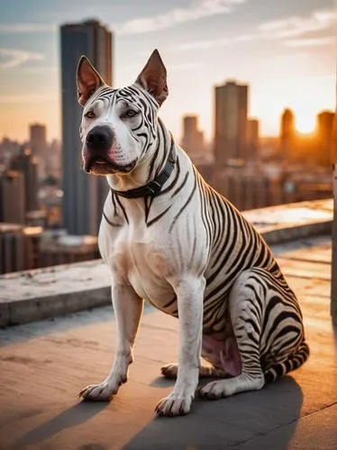 Zebras patterned pitbull, muscular body, strong legs, sharp claws, black nose, tongue out, sitting, urban rooftop, concrete floor, cityscape background, sunset time, warm orange lighting, dramatic sha