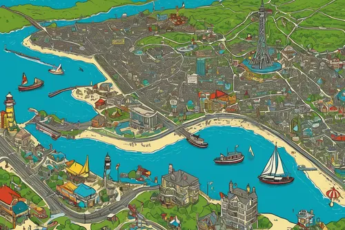 Create a nostalgic and retro-inspired map of Jersey Shore, featuring iconic landmarks and popular attractions.,city map,hanseatic city,city cities,honfleur,tokyo disneysea,shanghai disney,harbor area,