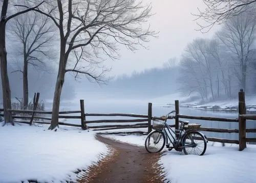 Faded winter scenery, snow-covered trees with bare branches, old wooden fence, worn-out stone pathway, abandoned rusty bicycle, forgotten lanterns, dim warm lighting, misty atmosphere, soft focus, mel