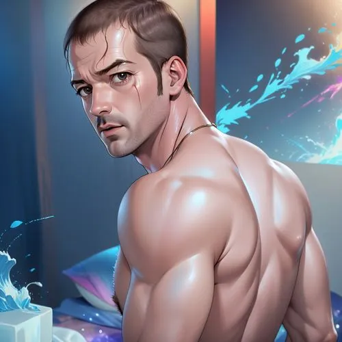 Anthony Edwards, shirtless, dark skin,,a man is standing in a bedroom looking off to his right,koreshkov,lucian,hanzo,namor,aqualad,aram,Anime,Anime,General