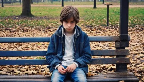 Lonely Shota, 10yo, messy brown hair, blue eyes, small nose, single tear, pale skin, worn-out sneakers, faded jeans, plain white shirt, sitting alone, abandoned park bench, cloudy afternoon, few withe