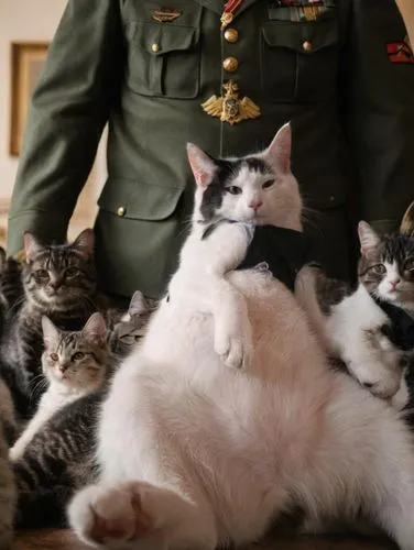 Gato con uniforme militar alemán  de la segunda guerra mundial rodeado de un grupo de gatos en uniforme miltar,several cats laying next to each other on top of a wooden table,cat pageant,pussycats,cat