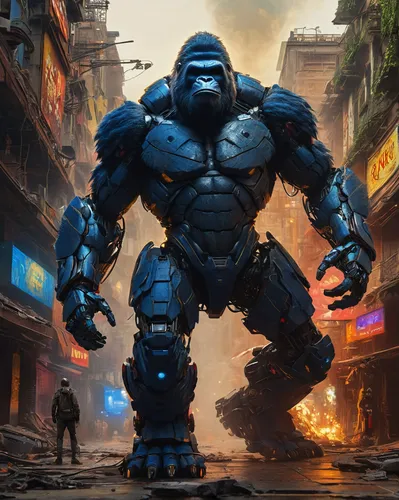 An entity of the Mecha Cyborg King Kong, Robot Transcendence Humanoid, dark and blue, yellow, red color, neon colorful background, where human reaches its full potential, multiplies into the trillions