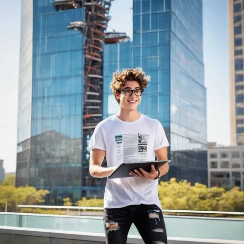 Architecture student, male, 20yo, messy brown hair, black framed glasses, casual wear, graphic t-shirt, ripped jeans, sneakers, holding a large portfolio, standing in front of a skyscraper model, Revi