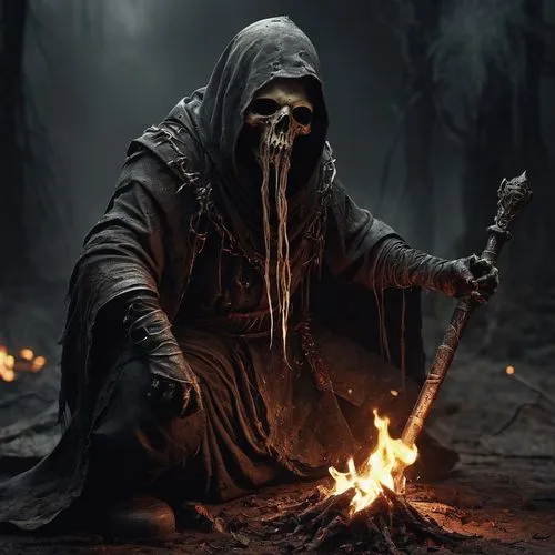 grimm reaper,grim reaper,undead warlock,hag,death god,reaper,hooded man,skeleltt,dance of death,primitive man,vanitas,skull statue,the witch,shaman,vigil,fire background,scythe,dark art,cleanup,death's-head,Photography,Artistic Photography,Artistic Photography 13