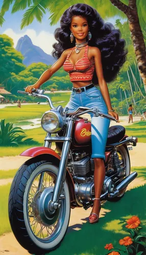 A girl resembling Grace Barbie riding a motorcycle in the park in the summer of Rio de Janeiro in the 90s,motorbike,motorcycle,motorcycles,simson,polynesian girl,motorcycle tour,biker,muscle car carto