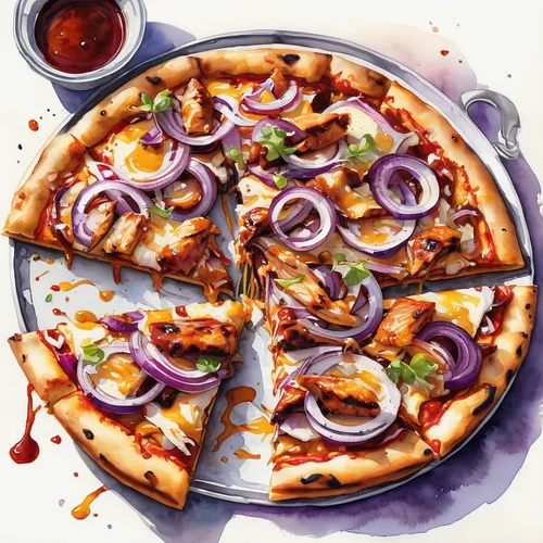 Recipe watercolor. A charming watercolor painting of a BBQ chicken pizza, with a slice covered in tangy barbecue sauce, grilled chicken, red onions, and melted cheese. HD 16K,california-style pizza,pi