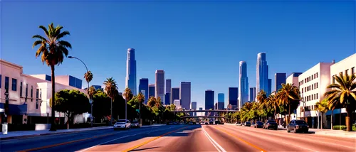 Los Angeles cityscape, 4K resolution, daytime, clear blue sky, palm trees lining streets, modern skyscrapers, busy traffic, highway interchange, urban landscape, detailed building textures, warm sunli