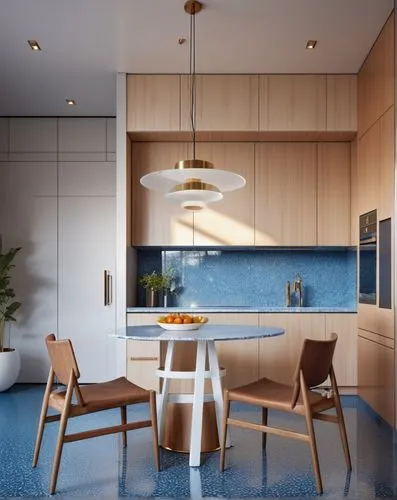 kitchen, round dining table and two chairs, door on the left, hanging lamp, blue kitcher fasade, marble bacsplash, terrazzo floor,modern kitchen interior,kitchen design,modern kitchen,kitchen interior