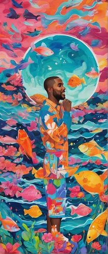 Create a painting that captures the feeling of longing portrayed in the song 'Thinkin bout u' by Frank Ocean.,coral reef,the man in the water,the man floating around,oil on canvas,acid lake,aquatic,sc