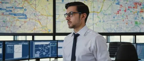 Cybersecurity expert, male, 30s, short black hair, glasses, formal wear, white shirt, tie, standing, in front of a large screen displaying network diagrams, coding windows, and system architecture blu