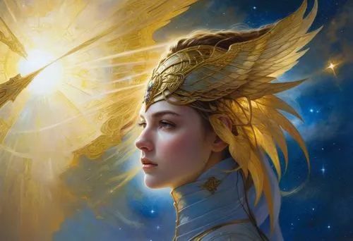 a woman with two golden wings on her head,ashtar,frigga,cepheid,light bearer,athena,dawnstar,Illustration,Realistic Fantasy,Realistic Fantasy 03