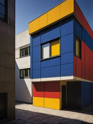 De Stijl design, geometric shapes, primary colors, grid-based composition, modernist architecture, Netherlands, 1920s, rectangular forms, horizontal lines, vertical planes, clean minimalism, functiona