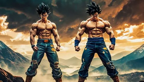 stand models,dragon ball,dragonball,dragon ball z,son goku,goku,vegeta,monsoon banner,father and son,father-son,gods,collectible action figures,trunks,takikomi gohan,kame sennin,father son,workout icons,anime 3d,dad and son,warriors,Art,Artistic Painting,Artistic Painting 42