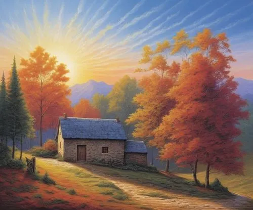 autumn landscape,rural landscape,home landscape,autumn background,landscape background,fall landscape,autumn idyll,church painting,autumn morning,autumn scenery,autumn sun,farm landscape,one autumn afternoon,cottage,colored pencil background,autumn light,light of autumn,autumn sunshine,mountain scene,paysage,Illustration,Paper based,Paper Based 10