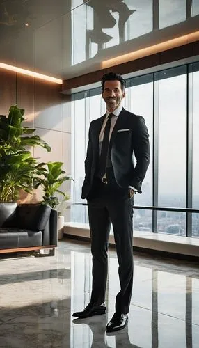 Modern minimalist interior, luxurious penthouse apartment, mature businessman, 40yo, standing, hands in pocket, tailored black suit, white shirt, silver tie clip, sleek black hair, facial stubble, con