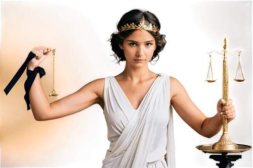 Justice scale, goddess of justice, female, solo, ancient Greek, white toga, gold laurel wreath, balance scale in hand, blindfold, solemn expression, soft golden lighting, cinematic composition, shallo