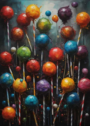 lollipops,colorful balloons,cake pops,mushroom landscape,frutti di bosco,umbrellas,bowl of fruit in rain,candy cauldron,lollipop,candy sticks,tutti frutti,candies,candy store,mushrooms,iced-lolly,stick candy,candy apple,fruiting bodies,candy shop,cake balls,Illustration,Abstract Fantasy,Abstract Fantasy 18