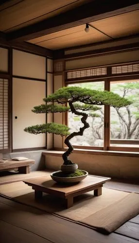 Minimalist Wabi Sabi interior design, traditional Japanese tea room, natural materials, rustic wooden floor, worn stone walls, subtle earth tones, soft diffused light, Shoji screens, sliding doors, lo