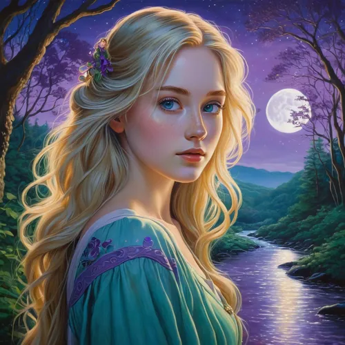 rapunzel,fantasy portrait,fantasy picture,mystical portrait of a girl,fantasy art,fairy tale character,celtic woman,elsa,la violetta,blue moon rose,the blonde in the river,the night of kupala,fantasy woman,enchanting,jessamine,faerie,fae,romantic portrait,purple moon,cinderella,Illustration,Realistic Fantasy,Realistic Fantasy 16