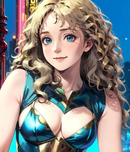 curly hair olivia hussey, sleeveless, blond, red lips, blue eyes, bare skin arms and shoulders, neon night club background, smiling,a lady in costume with a big boo and blue eyes,michiru,diana,cagli,e