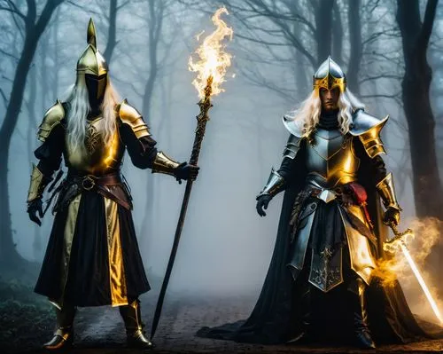 a golden knight and a black mage with long white hair prepare to fight against evil forces, a dark and ethereal atmosphere,neopagans,torchbearers,wallachia,legionaries,knight festival,ringwraiths,sire