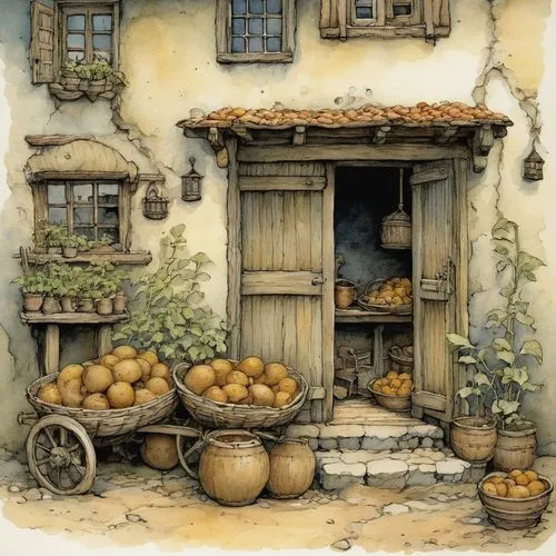 village shop,rustic potato,cornucopia,greengrocer,provencal life,watercolor tea shop,harvest festival,country cottage,gourds,grocer,tjena-kitchen,merchant,vegetables landscape,seasonal autumn decoration,rustic,village life,the kitchen,provence,stone oven,autumn decoration,Illustration,Paper based,Paper Based 29