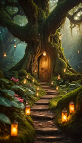 enchanted forest,fairy forest,fairy door,elven forest,fairy village,fantasy picture,fairy house,fairytale forest,druid grove,hobbiton,magic tree,fairy world,witch's house,the mystical path,tree house,